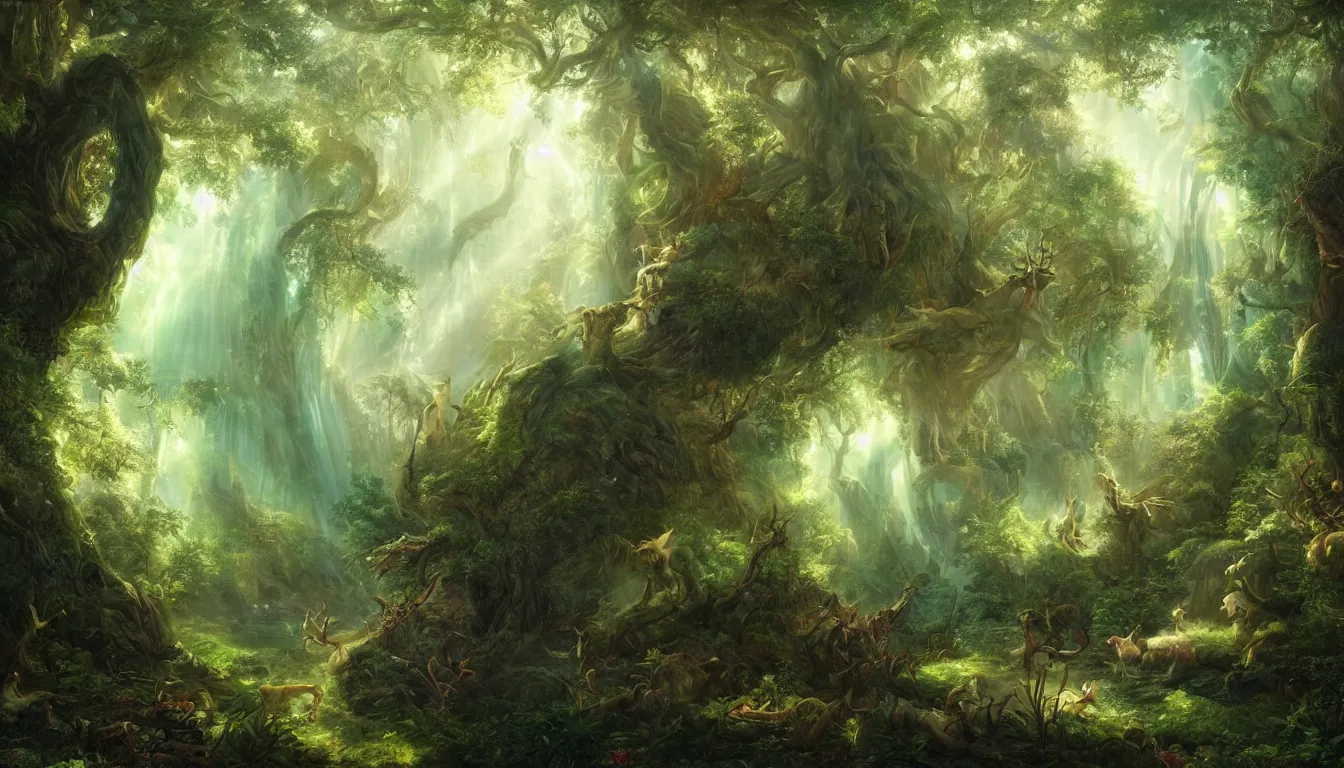 Prompt: background painting, lush forest, ethereal, mythical creatures, god-rays