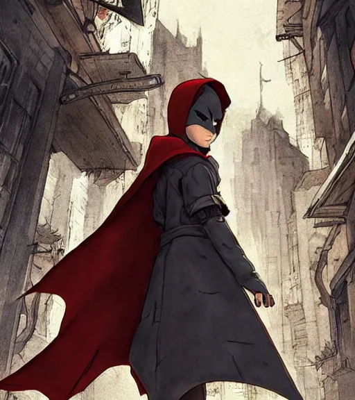 Image similar to attractive little boy character inspired in little red riding hood and batman, digital artwork made by akihiko yoshida and makoto shinkai, anatomically correct, symmetrical