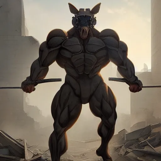 Image similar to a hyper - muscular anthropomorphized horse wearing a tactical bodysuit standing in the ruins of a facility, equine, bodybuilder physique, dynamic pose, highly detailed, digital painting, artstation, concept art, illustration by artgerm, greg rutkowski, makoto shinkai