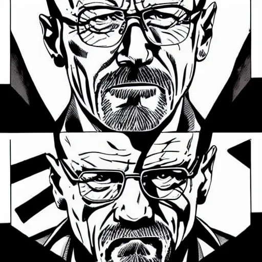 Prompt: Walter White comic book page, inked, superhero comic