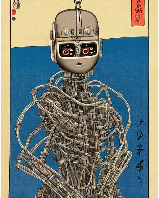 Image similar to Hiroshige portrait of a robot saint made of cables and robotic pod by Claudio Mazzoli