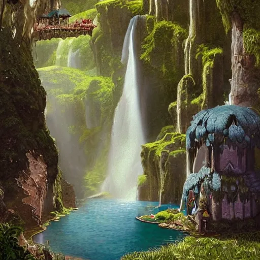 Prompt: beautiful illustration of a big castle in a fantasy world, waterfall, green grass, blue sky, by albert bierstadt, highly detailed, crystal lighting, mystical, forest, hyperrealistic, 4 k, unreal engine, magical, by joe fenton, by greg rutkowski, by greg tocchini, by kaws, by kate beaton, by kaethe butcher