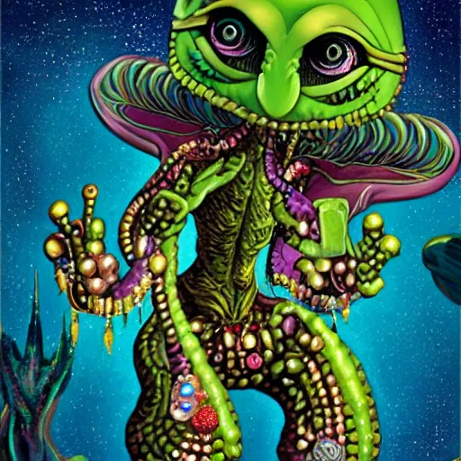 Image similar to alien with jewels for eyes, on exotic dreamy planet, jim henson creature shop, heavy metal magazine, illustration, mike mignogna