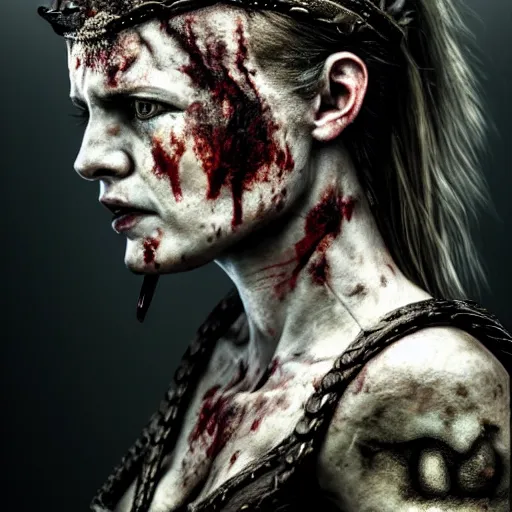 Image similar to Ultrawide realistic photo of a bloody fierce viking woman, injured by an arrow, battle-scarred mind-blowing details, highly detailed face, ethereal,, ominous, scarred, highly detailed, viking attire, cinematic, 16k, 1080s, smooth, sharp focus, by Stanley Artgermm, WLOP, trending on DeviantArt, trending on ArtStation, full of color, digital art, Smooth gradients, depth of field, shot on Canon Camera