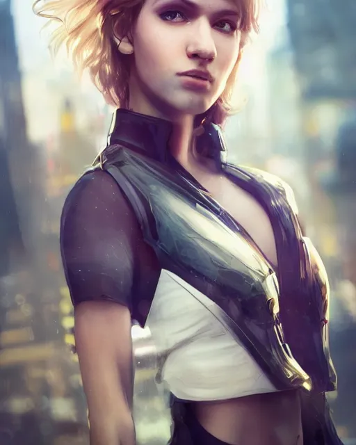 Prompt: a highly realistic, true to life portrait of a beautiful young woman in a cyberpunk setting, sharp focus, from the waist up, with sharp features, a beautiful face, soft smile, taken with a canon eos camera with 1 3 5 mm focal length, volumetric lighting, epic, masterpiece, by greg rutkowski