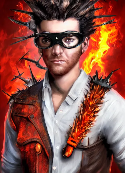 Image similar to An epic fantasy comic book style portrait painting of young man with red spiked long hair, using an steampunk orange googles. Wearing a black waistcoat, white shirt. Fire on his hands. Unreal 5, DAZ, hyperrealistic, octane render, cosplay, RPG portrait, dynamic lighting