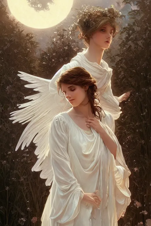 Image similar to Angels in white gauze dresses, the glow of the moonlight, fantasy, intricate, elegant, highly detailed, digital painting, artstation, concept art, matte, sharp focus, illustration, art by Artgerm and Greg Rutkowski and Alphonse Mucha