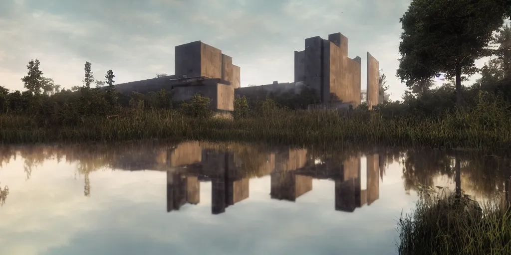 Image similar to an extremely detailed cathedral of brutalist architecture, surrounded by lush green forest, accurate reflections in murky ponds of water, stunning volumetric lighting, sunset, rusted steel, smooth concrete, stunning skies, trending on Artstation, 8k, photorealistic, hyper detailed, unreal engine 5, IMAX quality, cinematic, epic lighting, in the style of Doom and Greg Rutkowski