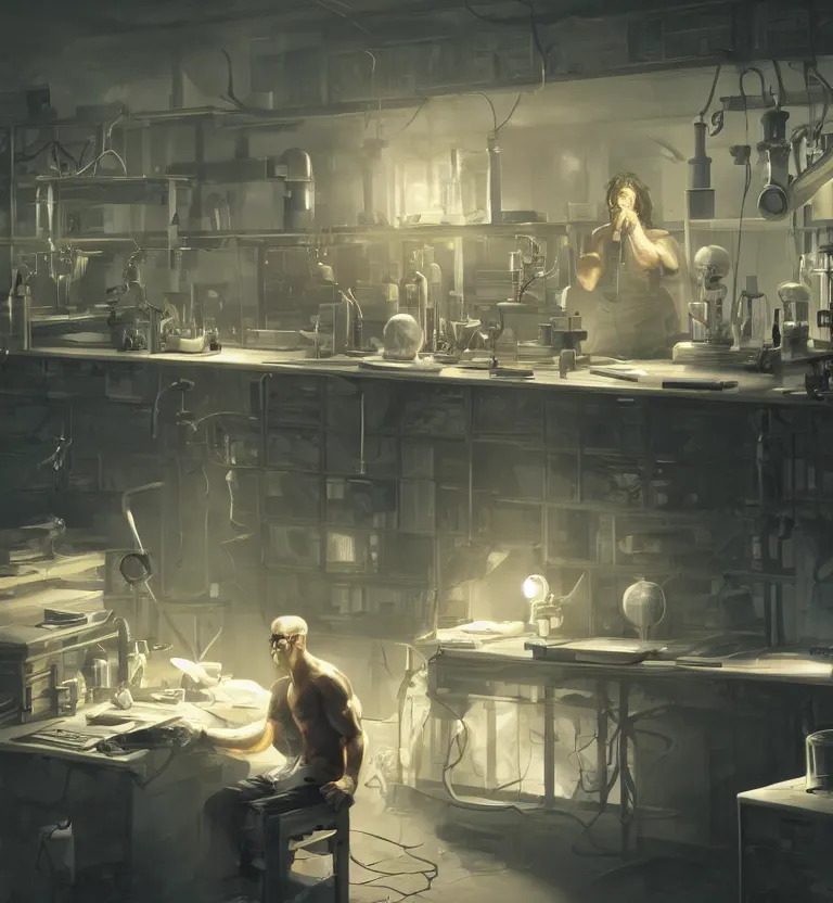 Prompt: a scientists in his lab while bodybuilding unreal render cinematic lighting art by bussiere rutkowski andreas rocha