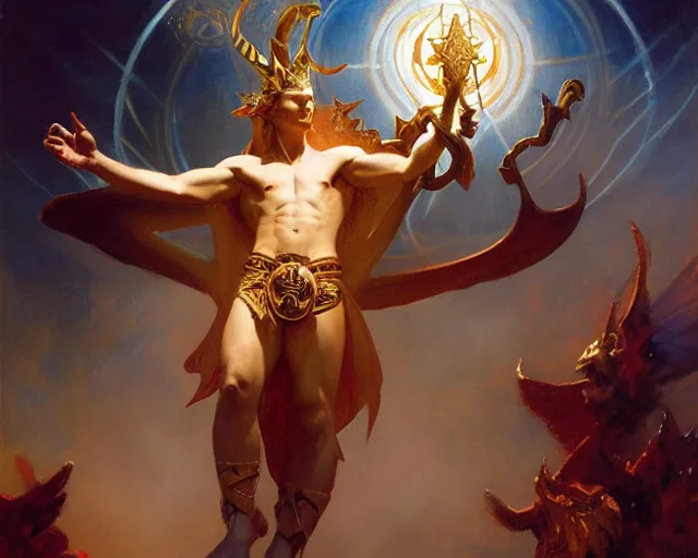 Image similar to attractive pagan male deity, casting chaos magic, summoning handsome lucifer morning star. highly detailed painting by gaston bussiere, craig mullins, j. c. leyendecker 8 k