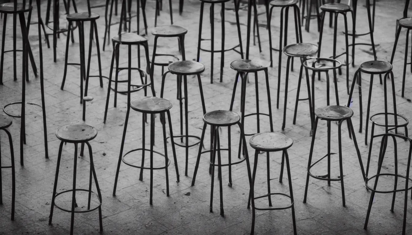 Image similar to empty fair, stools, no people, sad, melancholic, depressing, very detailed, emotional, 4 k