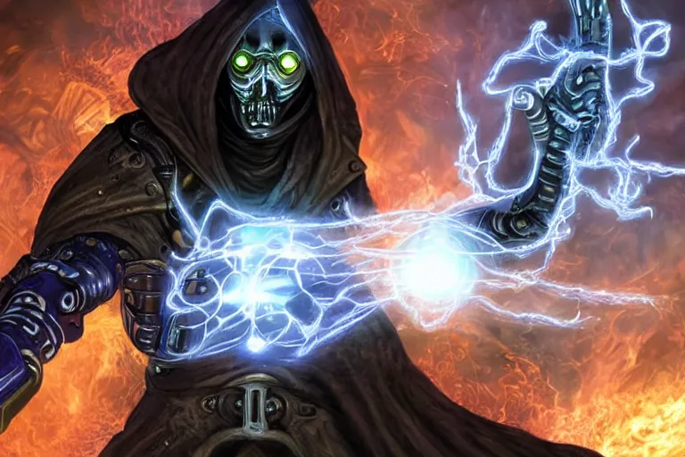 Image similar to cybernetically enhanced warlock casting protection spells around his sanctuary