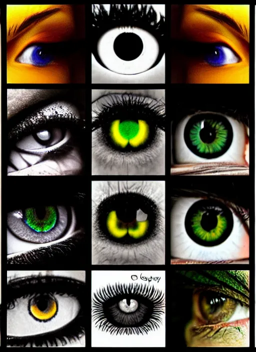 Image similar to grid montage of cube shaped eyes, square shaped black dilated pupils, cube shaped irises, detailed colored textures, eyelashes, advanced art, art styles mix, from wikipedia, wet reflections in square eyes, sunshine light, hd macro photograph, from side, various eyelid positions, square black pupil centered