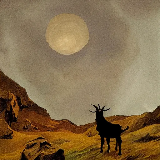 Image similar to goat in the painted world of dark souls, head and shoulders masterpiece, apocalypse, golden hour, cosmic horror, artstation, in the style of andrew wyeth and goya, extremely detailed