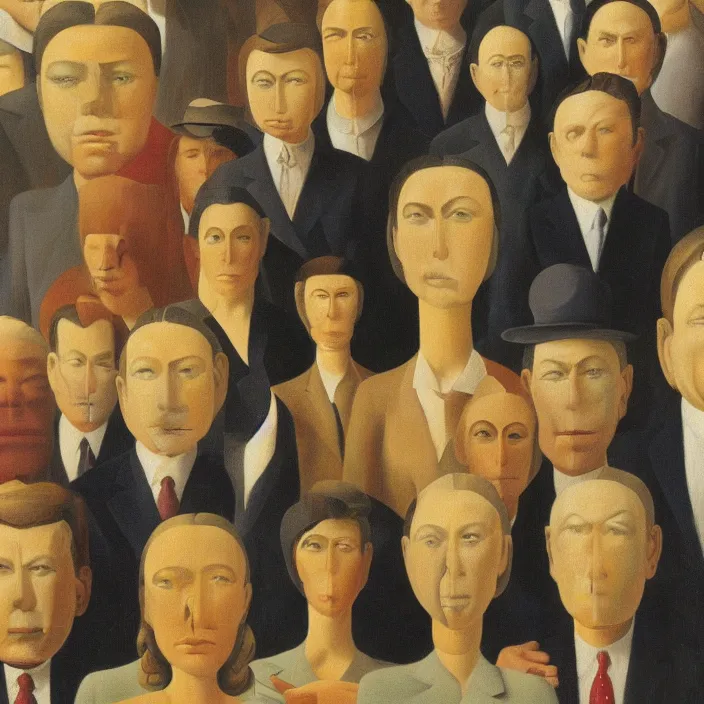 Prompt: group of people pictured in afternoon light, close - up of the faces, anatomically and proportionally correct, surrealist oil painting by dora maar and rene magritte, detailed