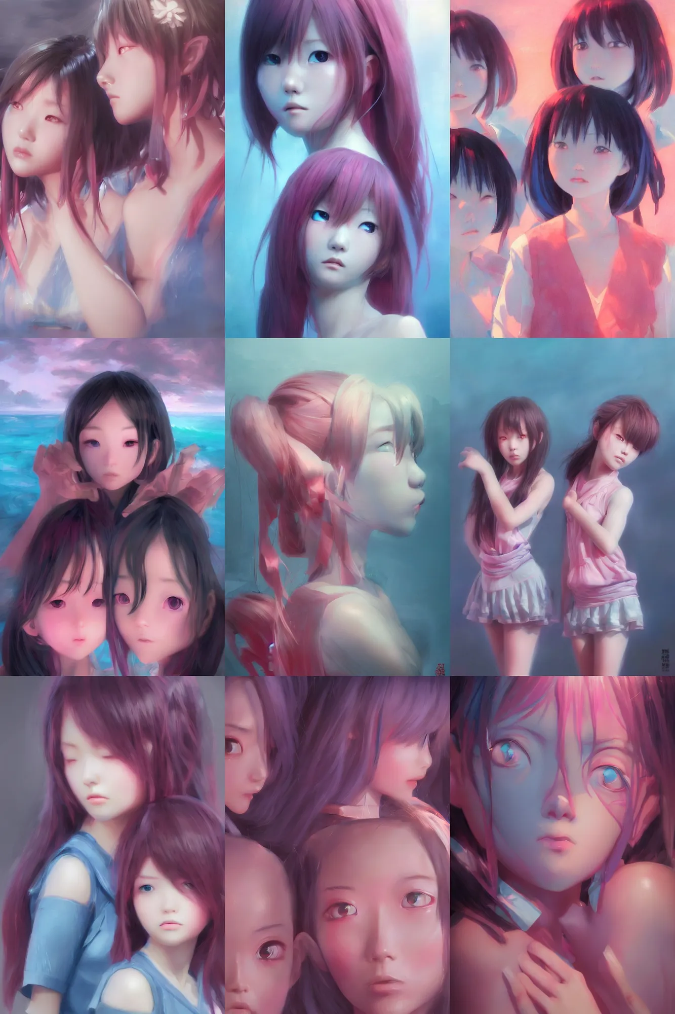 Image similar to 3d dark infrared octane render concept art by D. Jun, by Mo Xiang Tong Xiu, by Igarashi Daisuke, beauty portrait anime schoolgirls under dark pink and blue water. cute sad face. dramatic deep light, trending on artstation, oil painting.