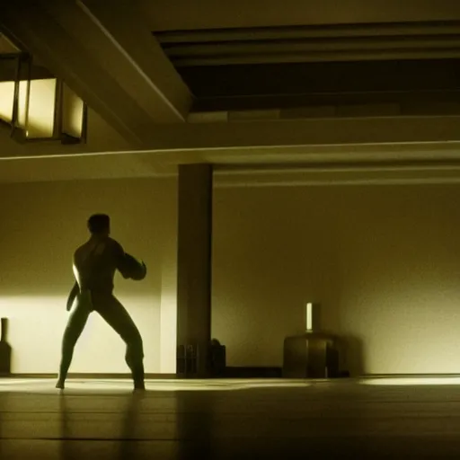 Prompt: a cinematic frame of a large empty dojo, night time, shot by roger deakins, dimly lit, low ceilings, beautiful futuristic architecture, chris nolan movie, good composition
