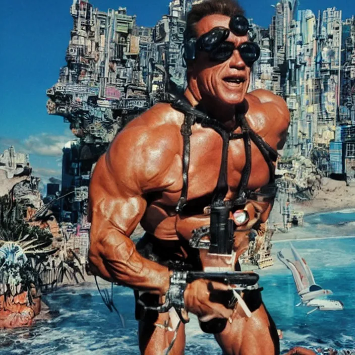 Prompt: arnold schwarzenegger having fun at a cyberpunk beach, futuristic cyberpunk, detailed photo