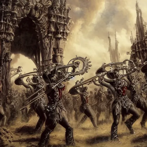 Image similar to marching band playing music, intricate detail, royo, vallejo, frazetta, giger, whealan, hd, unreal engine,