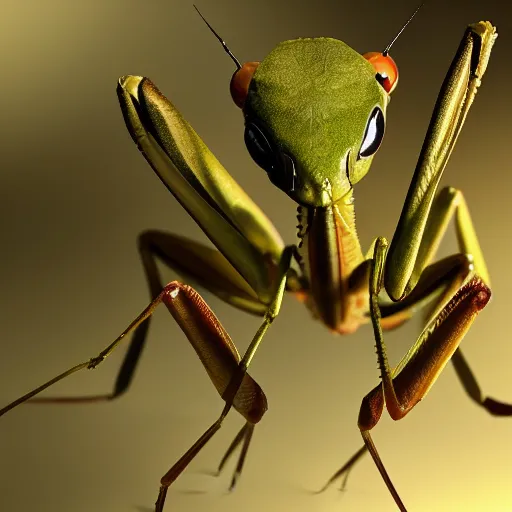 Prompt: an anthropomorphic praying mantis, lurking in search of prey, brown exoskeleton, ultra detailed, 8 k, trending on artstation, award - winning art