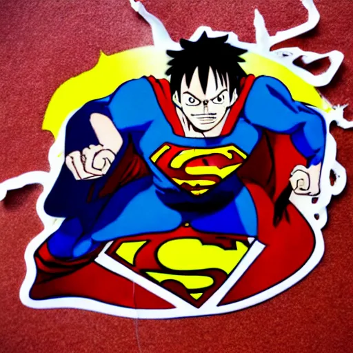 Image similar to die cut sticker, luffy is superman, splatter paint on paper