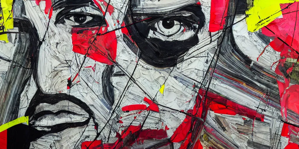 Prompt: close up portrait car crash test, thick lines with paint, collage paper and tape, acrylic on canvas, expressionism movement, breathtaking detailed, by blake neubert