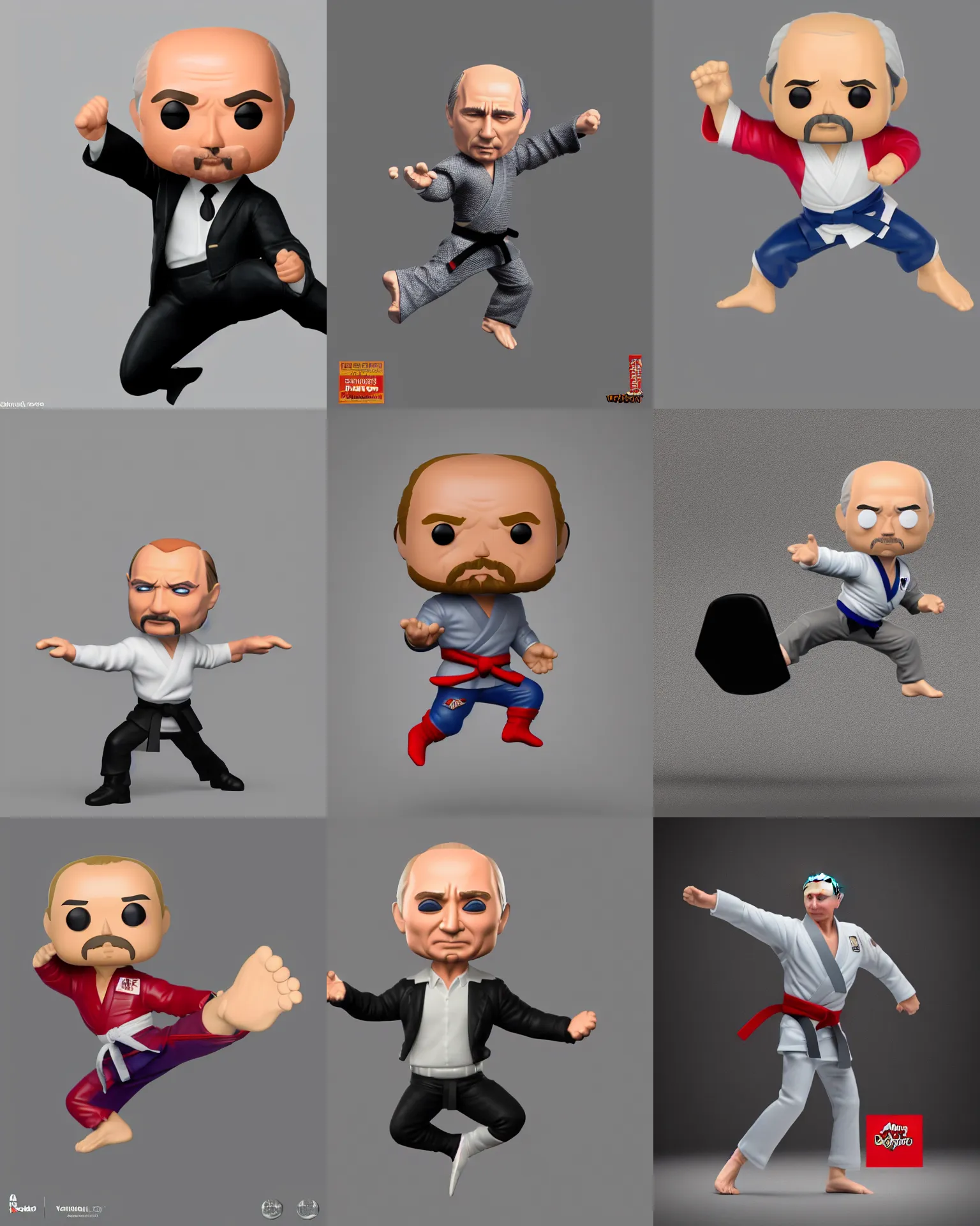 Prompt: full body 3 d render of vladimir putin doing karate kick as a funko pop!, studio lighting, grey background, single body, no shadow, blender, trending on artstation, 8 k, highly detailed