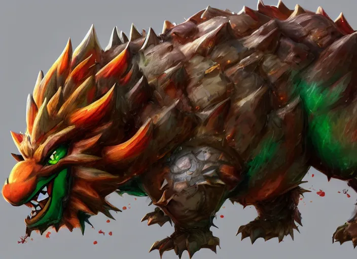 Image similar to detailed concept art of a huge giant bowser by cheng yi and luolin, aartstation, artstationhd, detailed scales, spiky and red hair tuft green scales. bowser, bowser nintendo, koopa, ~ bowser # bowser ( ( mario ) ) bcy. net, realistic. cheng yi, fire breathing. bowser