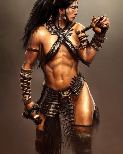 Prompt: Strong native American female beauty with long straight black hair in a ponytail and muscular figure, wearing roman black leather armor with detailed bronze ornaments, she is a fighter holding two sabers in a vivid jungle in natural light, low angle, mist, micro details, octane render, in the style of Anders Zorn and Jaime Jones, trending on artstation, concept art for movies