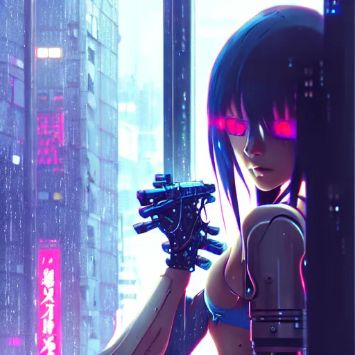 Image similar to cyberpunk anime art, beautiful cyborg girl in the style of arcane holding excalibur, full round face, biomechanical details, full body shot, rain, wet street, window reflections, lens flare, wlop, ilya kuvshinov, artgerm, krenz cushart, greg rutkowski