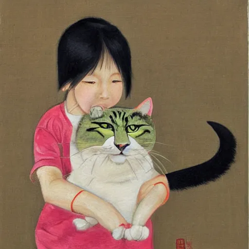 Prompt: a child attempts to hold an extremely angry cat, lowbrow painting by 奈 良 美 智