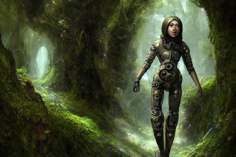 Prompt: a futuristic steampunk female astronaut full body, young face, steampunk astronaut, walking inside a very lush mossy cave by Bastien Lecouffe-Deharme and marc simonetti natural volumetric lighting, realistic, 8k, octane render, beautifully detailed render, 4k post-processing