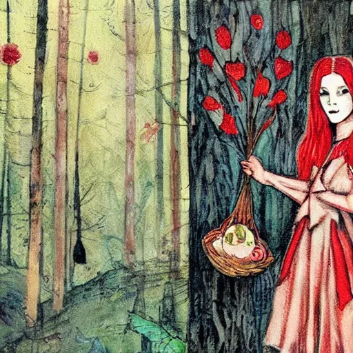 Image similar to In the art installation Vasilisa can be seen standing in the forest, surrounded by animals. She is holding a basket of flowers in one hand and a spindle in the other. Her face is turned towards the viewer, with a gentle expression. In the background, the forest is depicted as a dark and mysterious place. red by Richard Burlet, by Siya Oum decorative