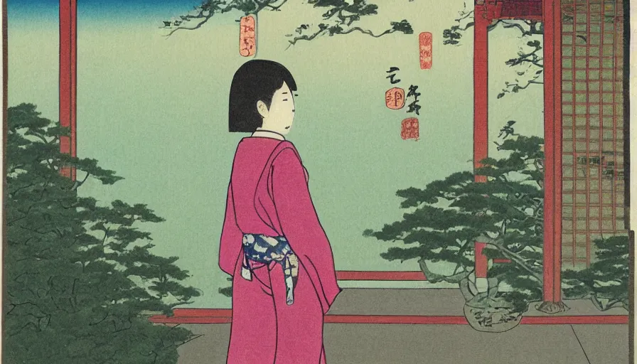 Image similar to zeenchin style painted of a girl in japan, looking out a window at a temple garden filled with yokai and spirits