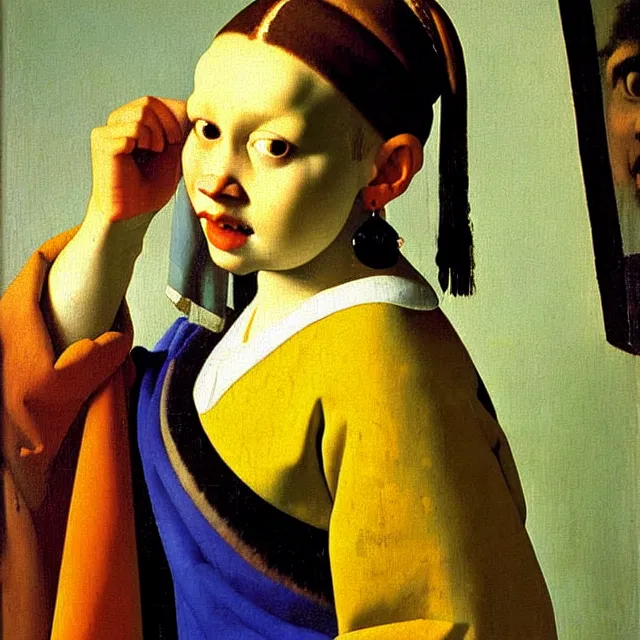 Prompt: a beautiful painting the cow is looking in the mirror, by jan vermeer a young girl with pearl earrings realistic oil painting