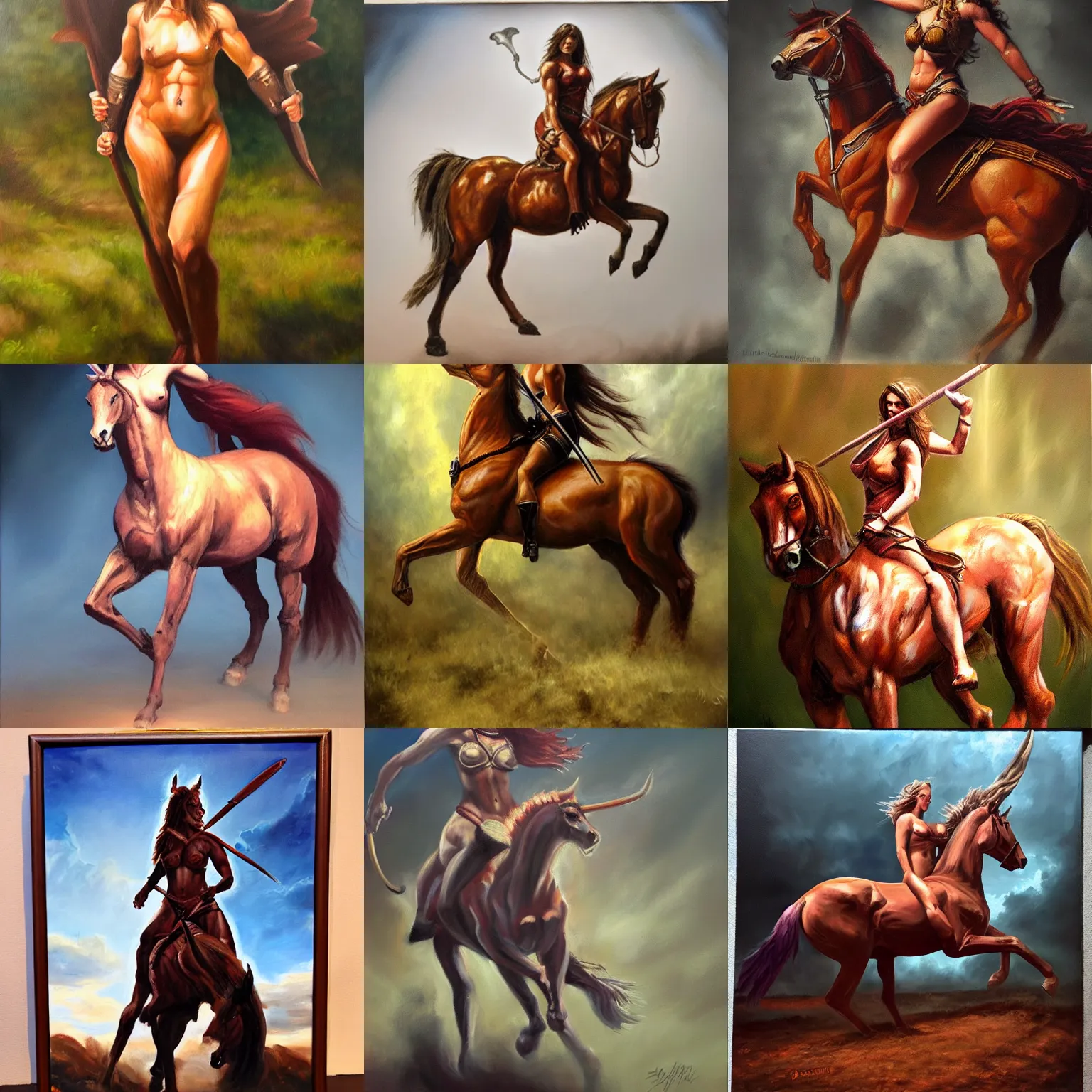 Prompt: female centaur warrior, oil painting, dramatic lighting