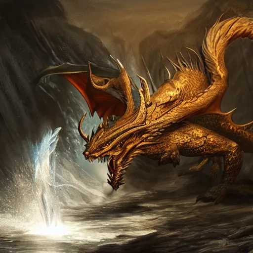 Prompt: dragon made of clear flowing water, epic fantasy concept art, chiaroscuro