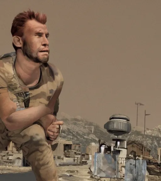 Image similar to scene of muscular, tired and alcoholic 3 0 - year - old grieving man with short darkblonde hair, serious sad look in his eyes, looking down, dirty beard, blue eyes, jumping from plane, wearing dirty soldier uniform, on the desert, sad atmosphere, hyper realistic face, character art, art by mark brooks, cryengine, trending on artstation, digital art
