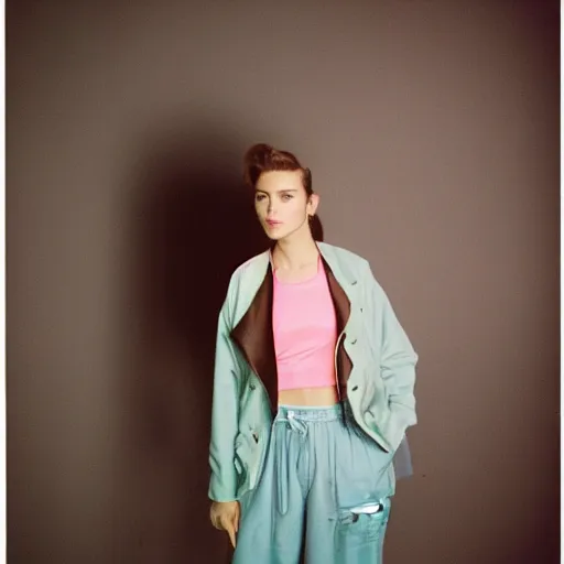 Image similar to realistic! photoshoot for a new nike lookbook, color film photography, portrait of a beautiful model, photo in style of wes anderson, 35mm