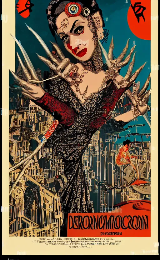 Prompt: 8 k cursed with necronomicon horrorcore cel animation poster depicting dominican woman with sharp nails, intricate faces, metropolis, 1 9 5 0 s movie poster, post - processing, vector art