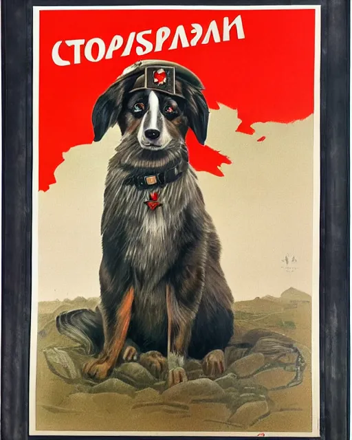 Image similar to communist propaganda poster of an australian shepherd soldier, soviet art