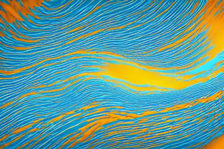 Prompt: big ocean wave of water particles, light blue, yellow orange wave, and light brown colors wave, white foam, many splash, complex curl noise, vortex, simulation, reflection, featured on behance, uhd image, media art, motion graphic, particles, fluids, 3 d, rendering, octane