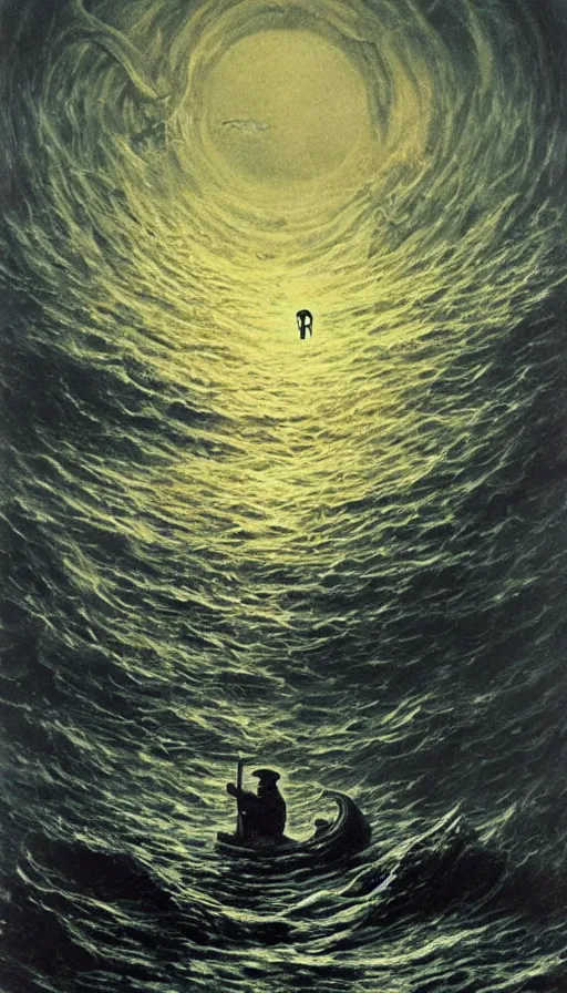 Image similar to man on boat crossing a body of water in hell with creatures in the water, sea of souls, by david a. hardy