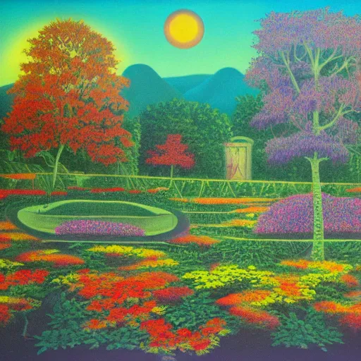 Prompt: garden of the morning calm, surreal, 1980, colorful