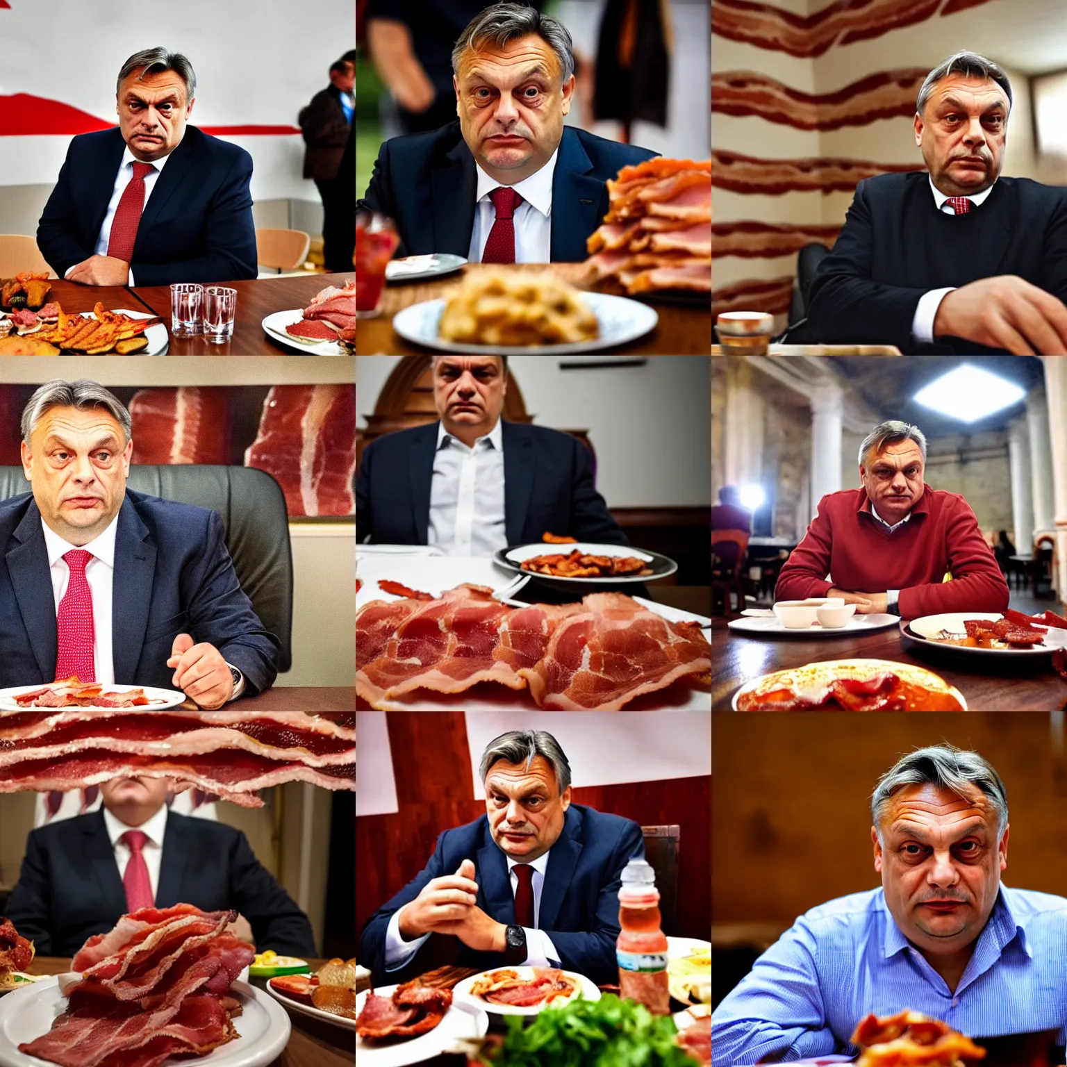 Prompt: low angle close - up of haunting viktor orban sitting behind a table full of bacon