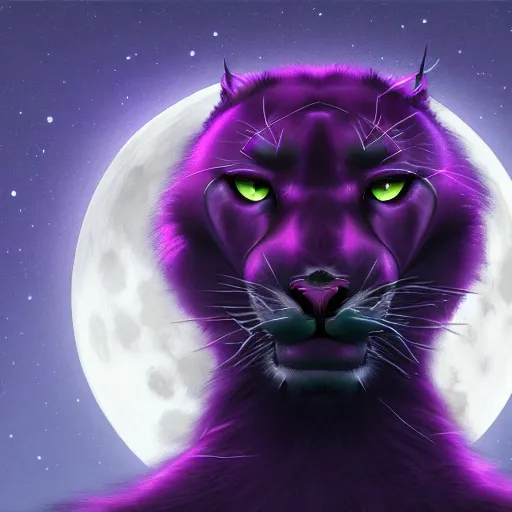 Image similar to render of a large purple panther roaring at night. moon in background. digital drawing, illustration, 4 k, highly detailed, artstation, realistic, dramatic, darkness.