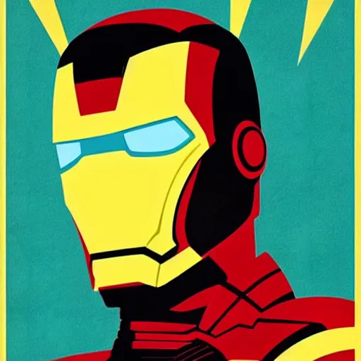 Prompt: retro poster with a painting of a iron man, an art deco painting by tom whalen, trending on behance, art deco, digital illustration, storybook illustration, art deco, flat shading, vector art, airbrush