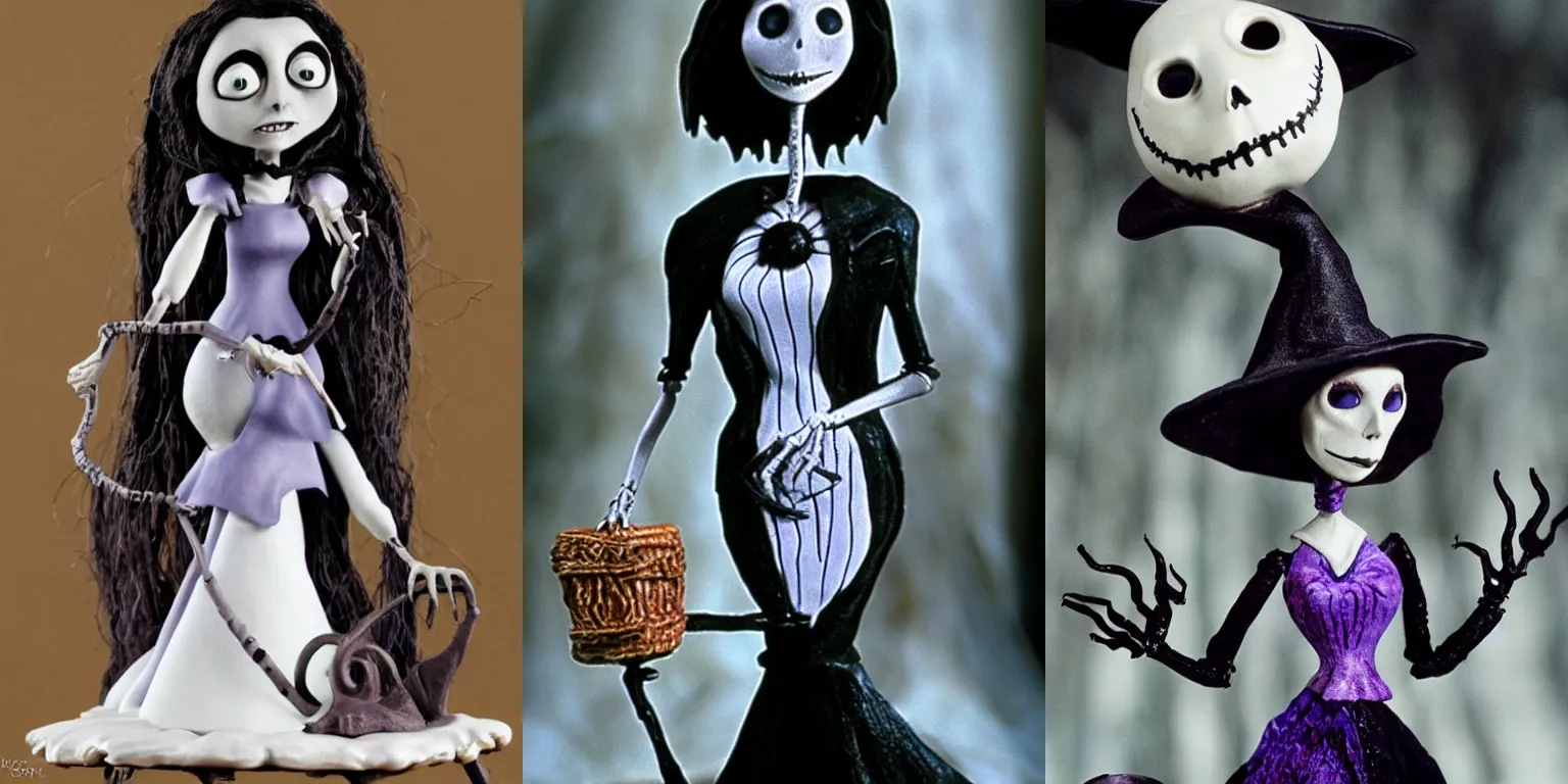 Prompt: Jennifer Connelly as a Witch in Tim Burton's Nightmare Before Christmas, Stop Motion