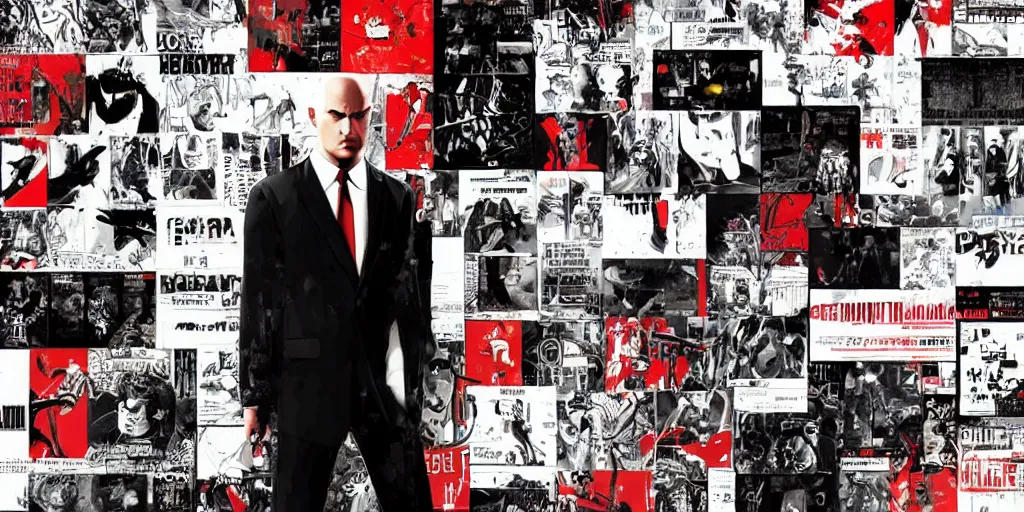 Image similar to a portrait of agent 4 7 from hitman wearing headphones in front of a wall of vinyl records, dark background, red rim light, digital art, artstation, art by yoji shinkawa