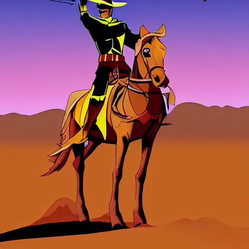 Image similar to gunslinger on a horse overlooking the desert, in the style of Batman the animated series by Bruce Trimm